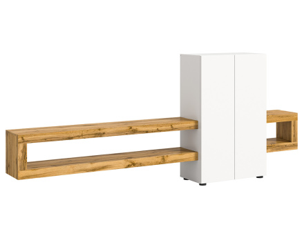 Meuble tv suspendu 2 portes et 2 étagères bois et blanc 270 cm Ned