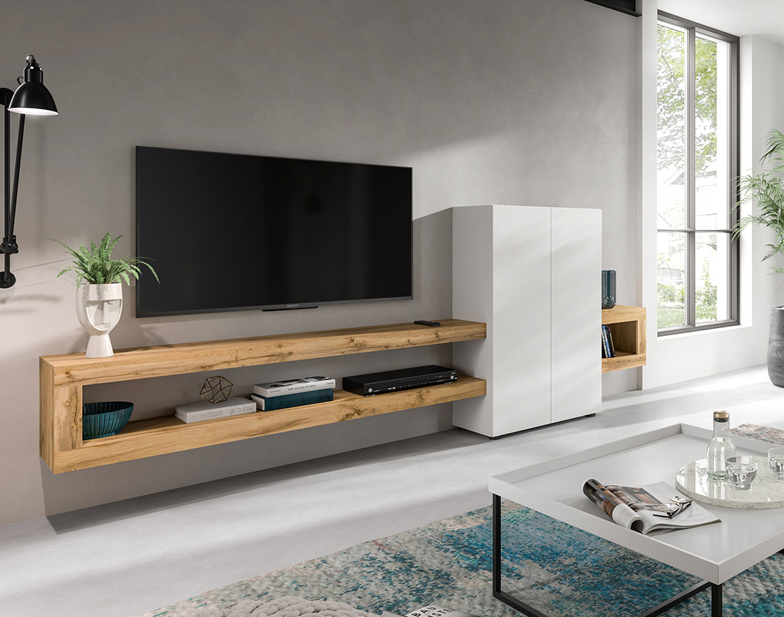 Meuble tv suspendu 2 portes et 2 étagères bois et blanc 270 cm Ned