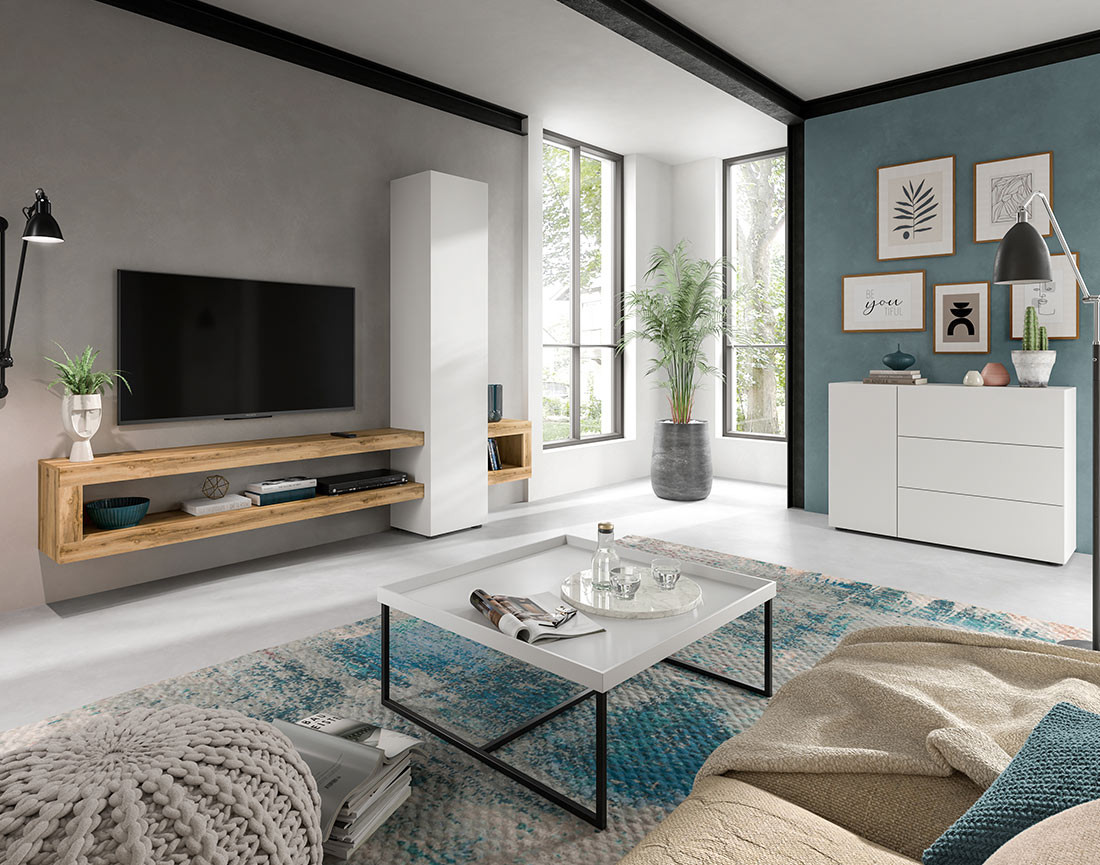 Meuble tv suspendu 1 porte et 3 étagères bois et blanc 240 cm Ned