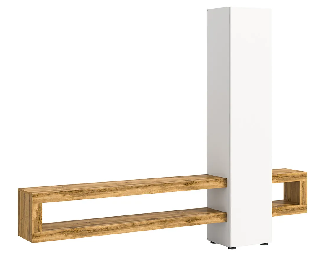 Meuble tv suspendu 1 porte et 3 étagères bois et blanc 240 cm Ned