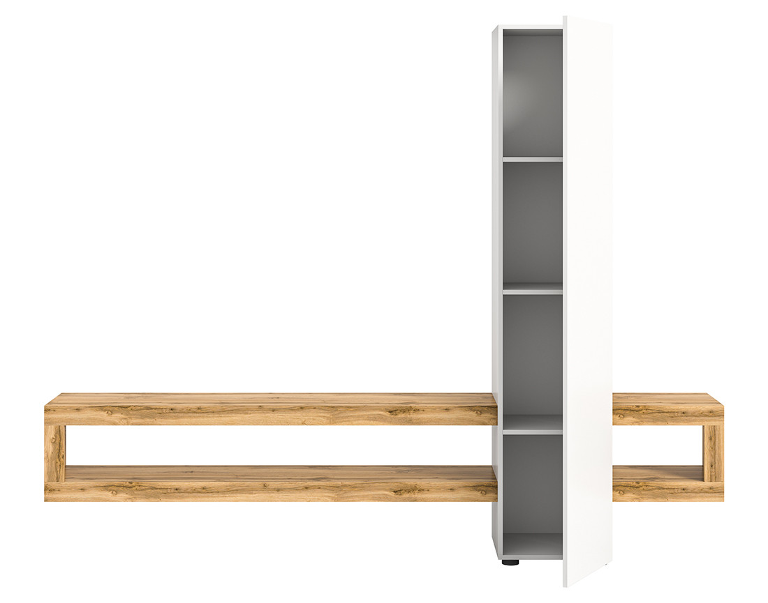 Meuble tv suspendu 1 porte et 3 étagères bois et blanc 240 cm Ned
