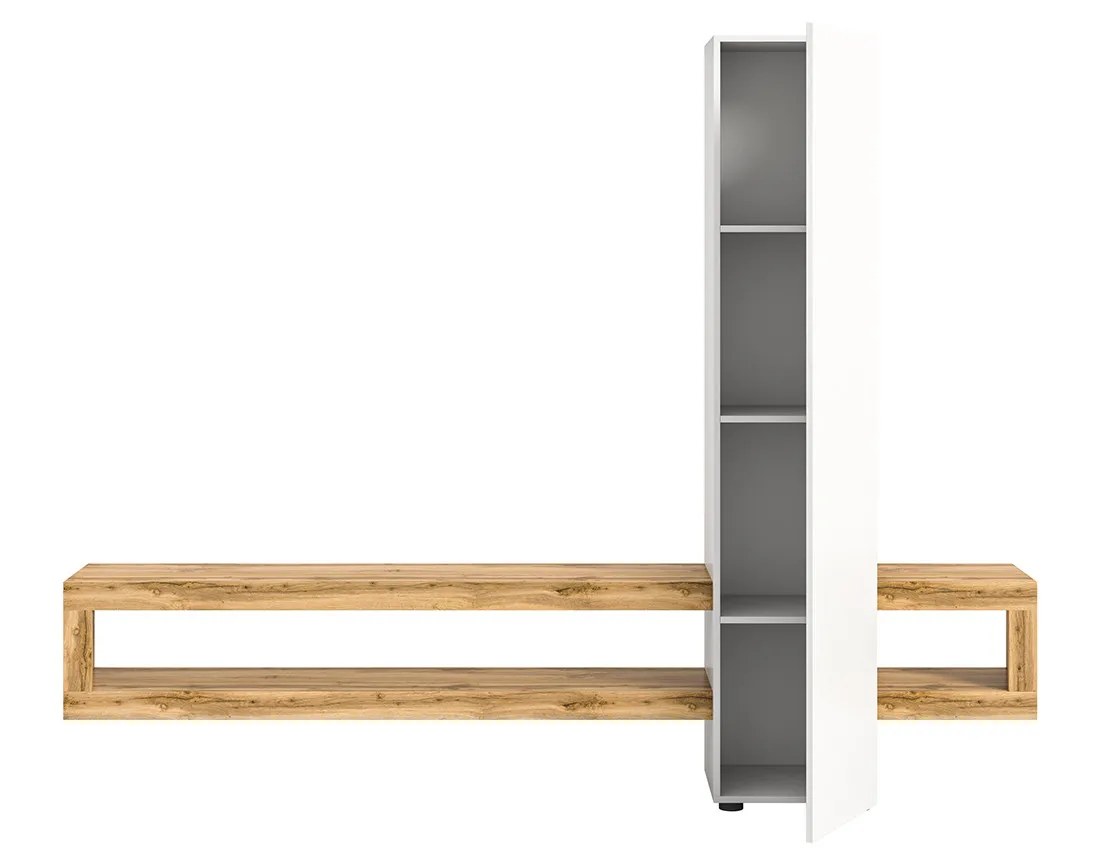 Meuble tv suspendu 1 porte et 3 étagères bois et blanc 240 cm Ned