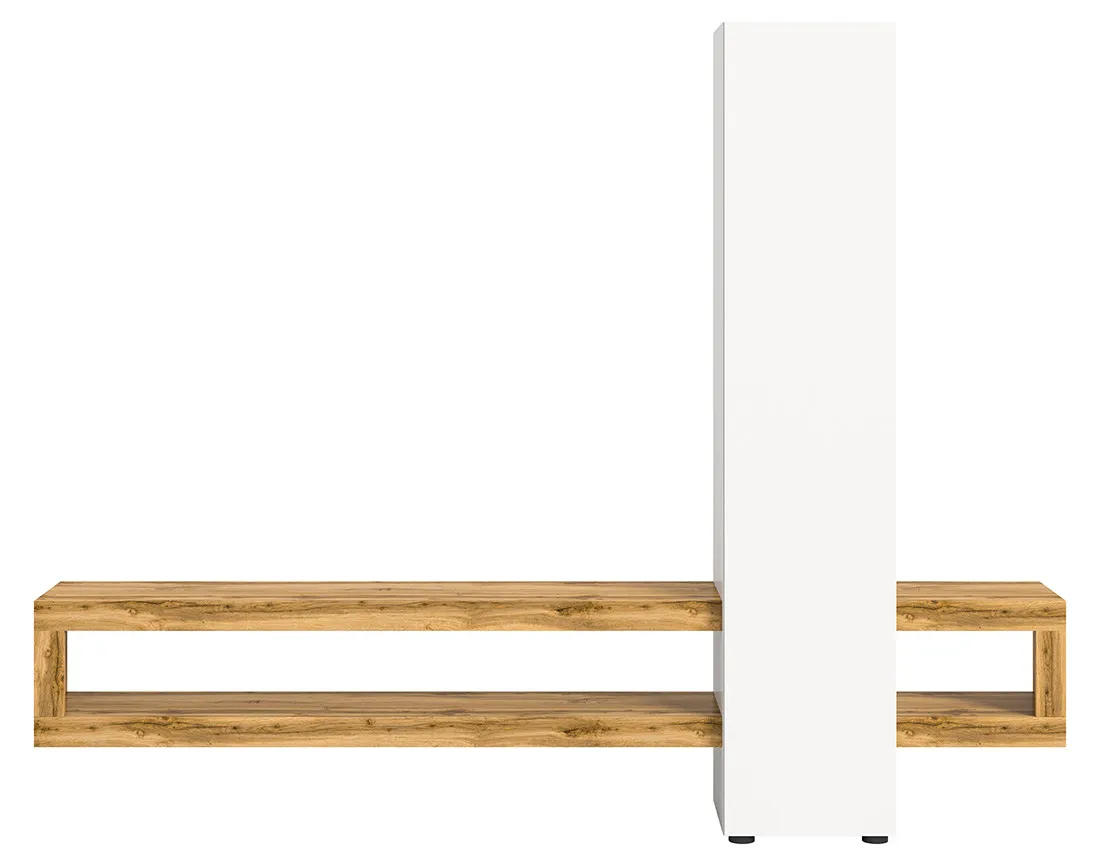 Meuble tv suspendu 1 porte et 3 étagères bois et blanc 240 cm Ned