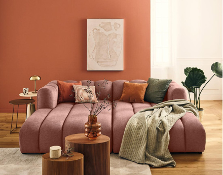 Canapé modulable droit 3 places avec double méridienne - assise profonde - en tissu texturé Debbie