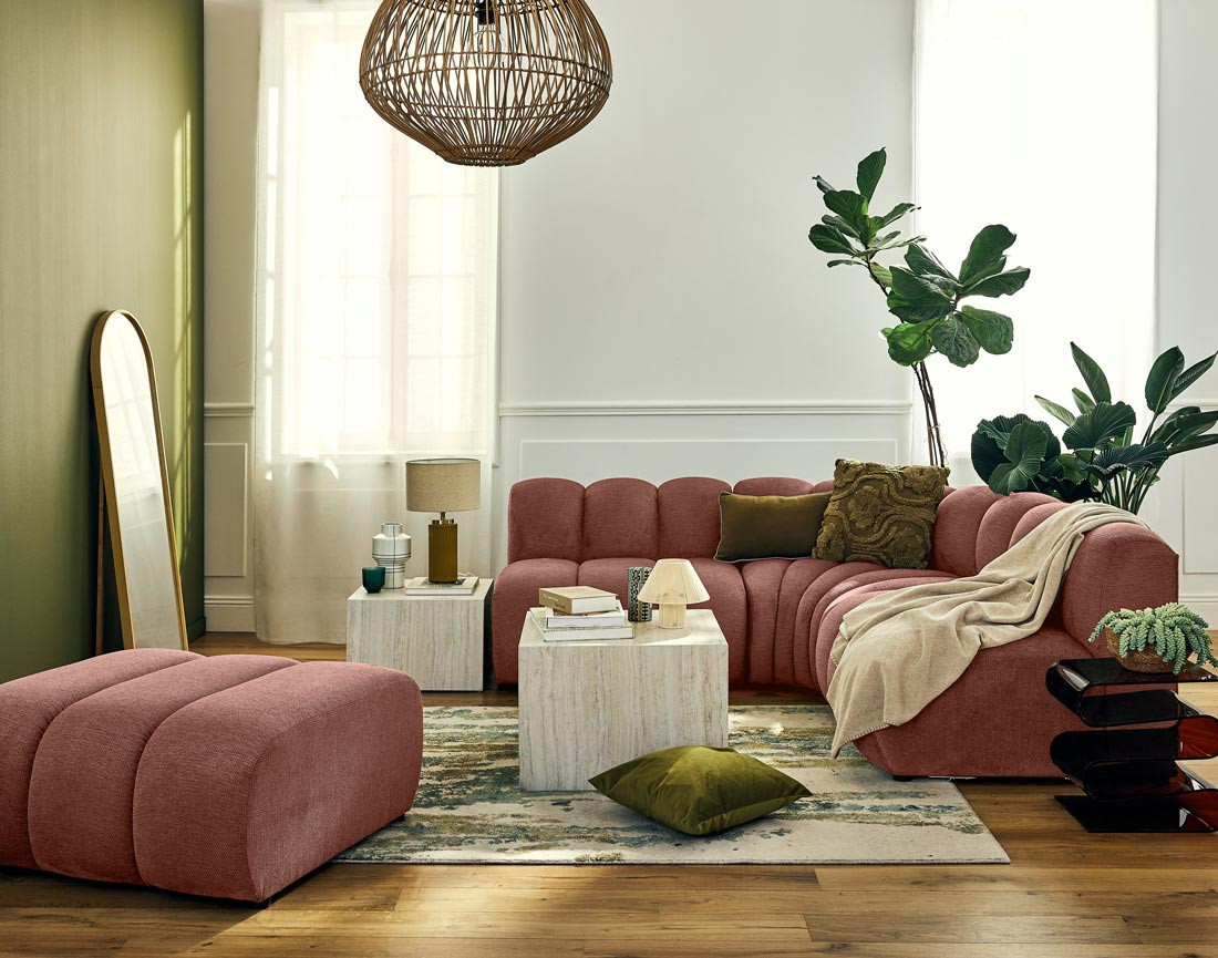 Canapé modulable d'angle réversible 4 places sans accoudoirs en tissu texturé Debbie