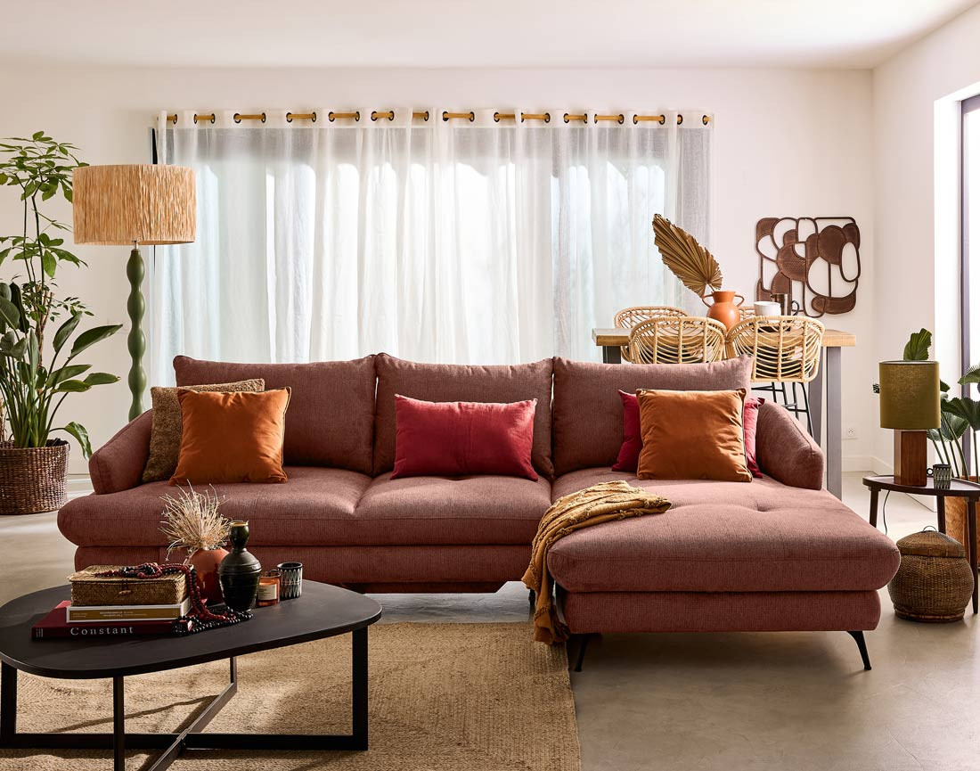 Canapé d'angle droit 4 places convertible avec coffre en tissu texturé Ninon