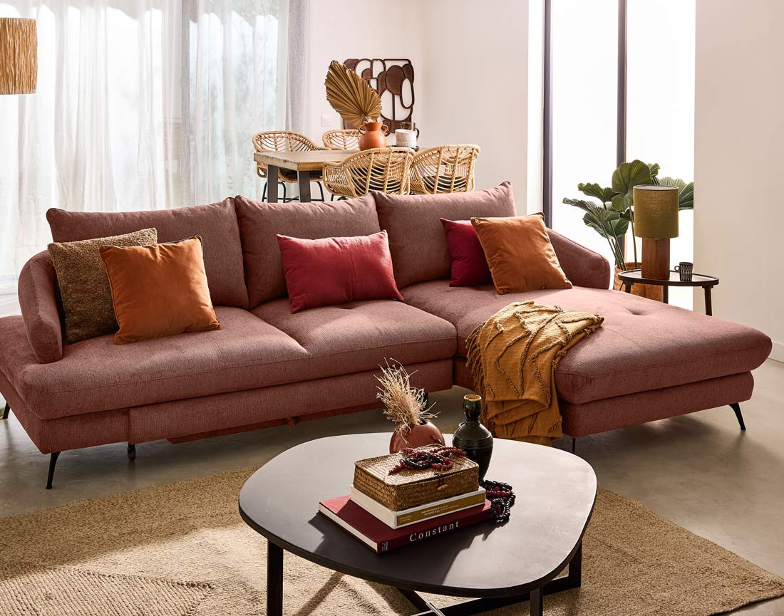 Canapé d'angle droit 4 places convertible avec coffre en tissu texturé Ninon