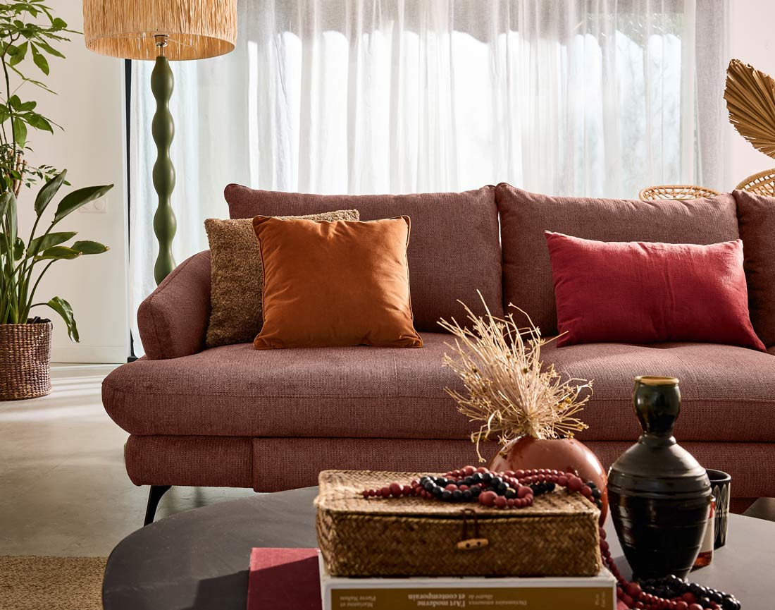 Canapé d'angle droit 4 places convertible avec coffre en tissu texturé Ninon