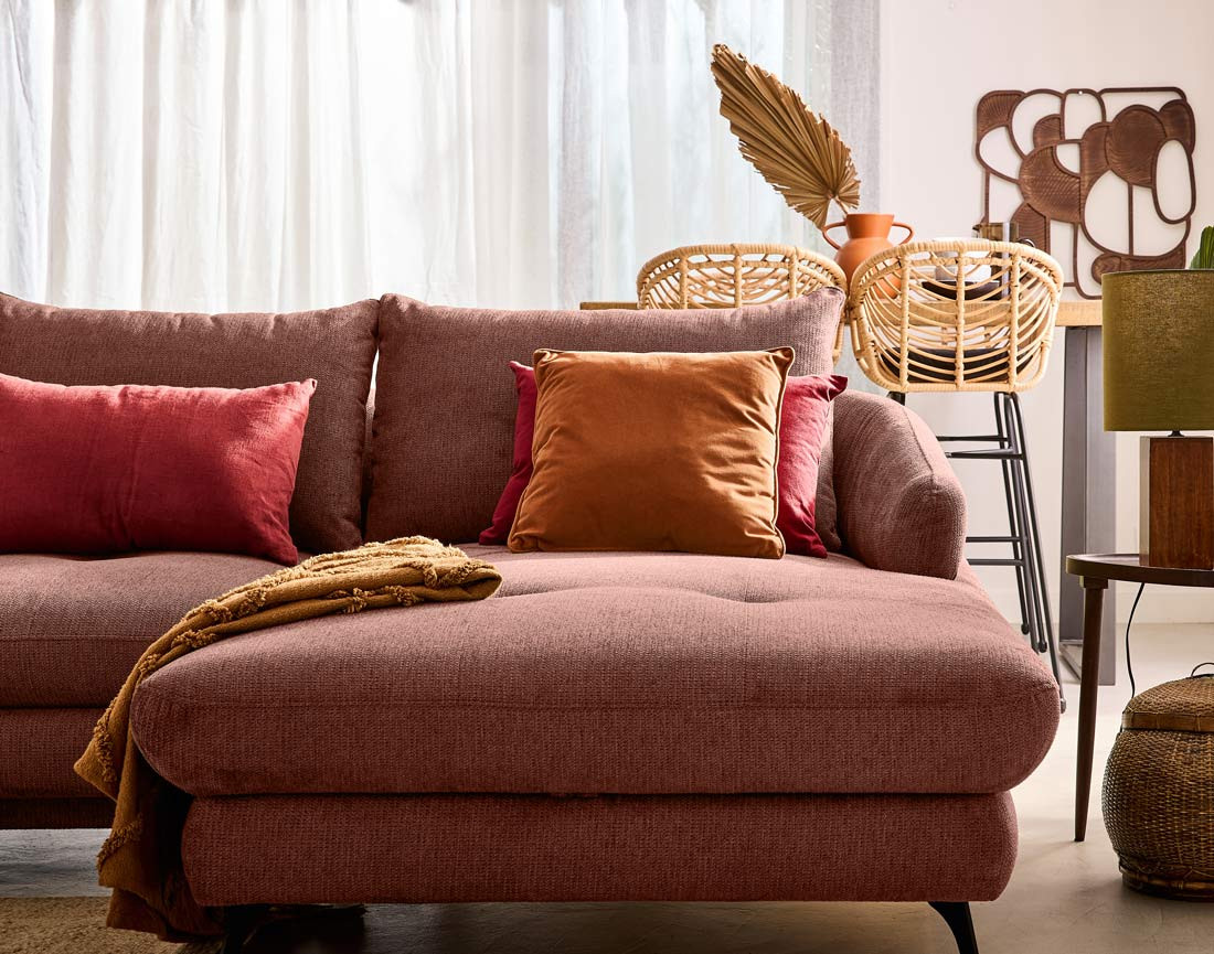 Canapé d'angle droit 4 places convertible avec coffre en tissu texturé Ninon