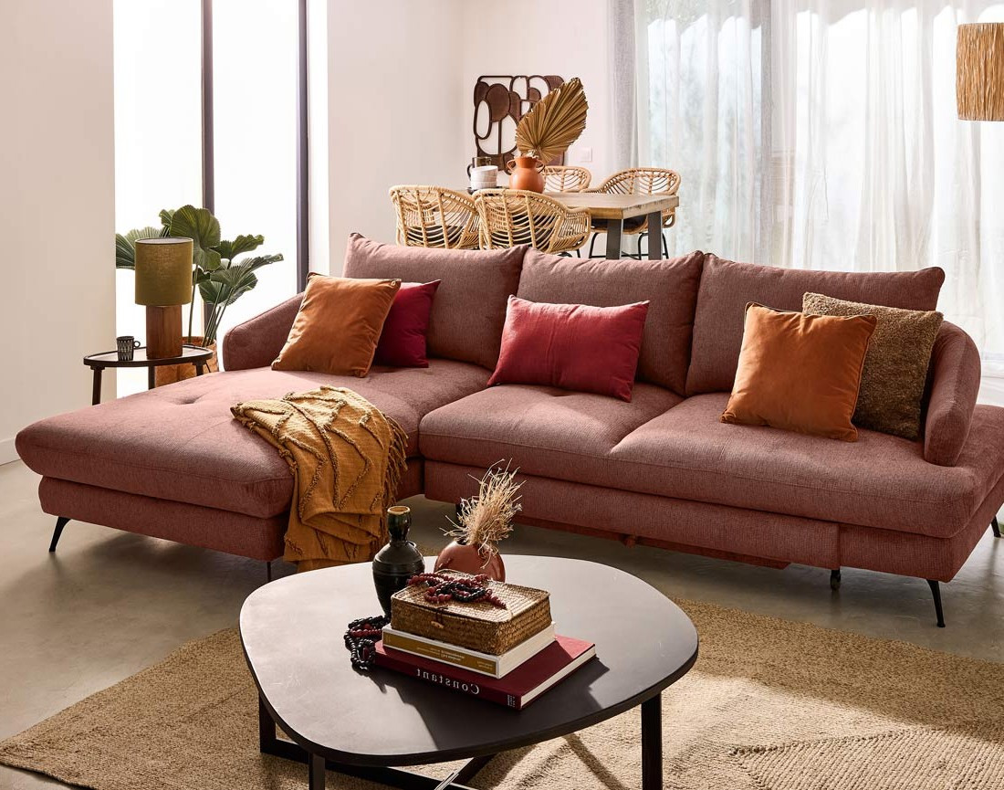 Canapé d'angle gauche 4 places convertible avec coffre en tissu texturé Ninon