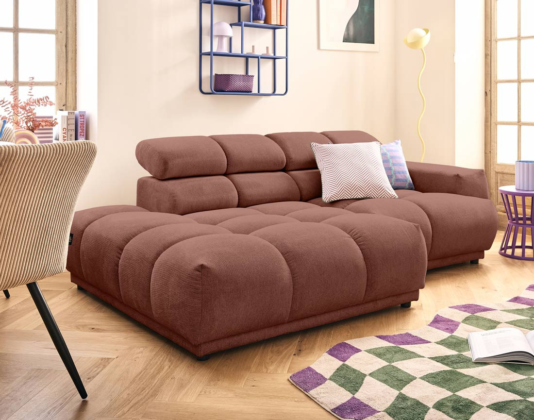 Canapé d'angle gauche 3 places avec têtières réglables en tissu texturé Matera