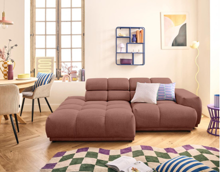 Canapé d'angle gauche 3 places avec têtières réglables en tissu texturé Matera