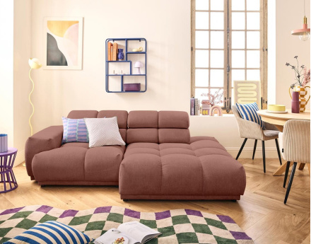 Canapé d'angle droit 3 places avec têtières réglables en tissu texturé Matera