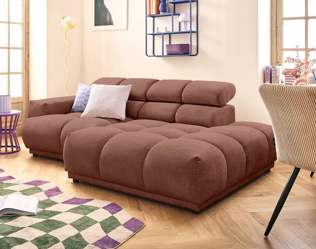 Canapé d'angle droit 3 places avec têtières réglables en tissu texturé Matera