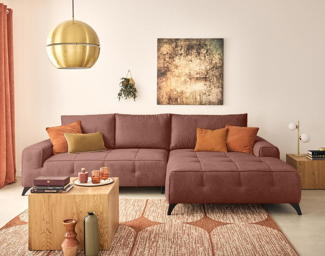 Canapé d'angle droit 4 places convertible avec coffre en tissu texturé Rimini