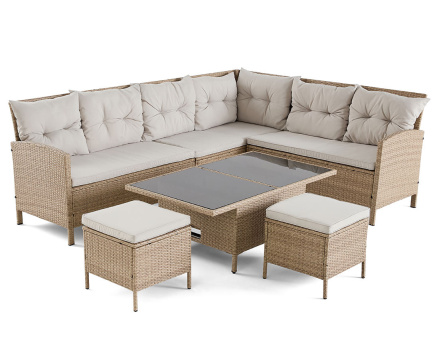 Salon de jardin en résine beige 8 places coussins beiges Malia