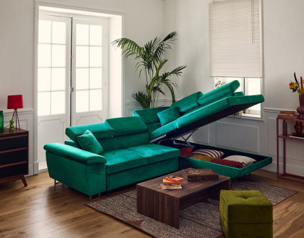 Canapé d'angle droit 5 places convertible avec coffre et têtières réglables en velours Dimas