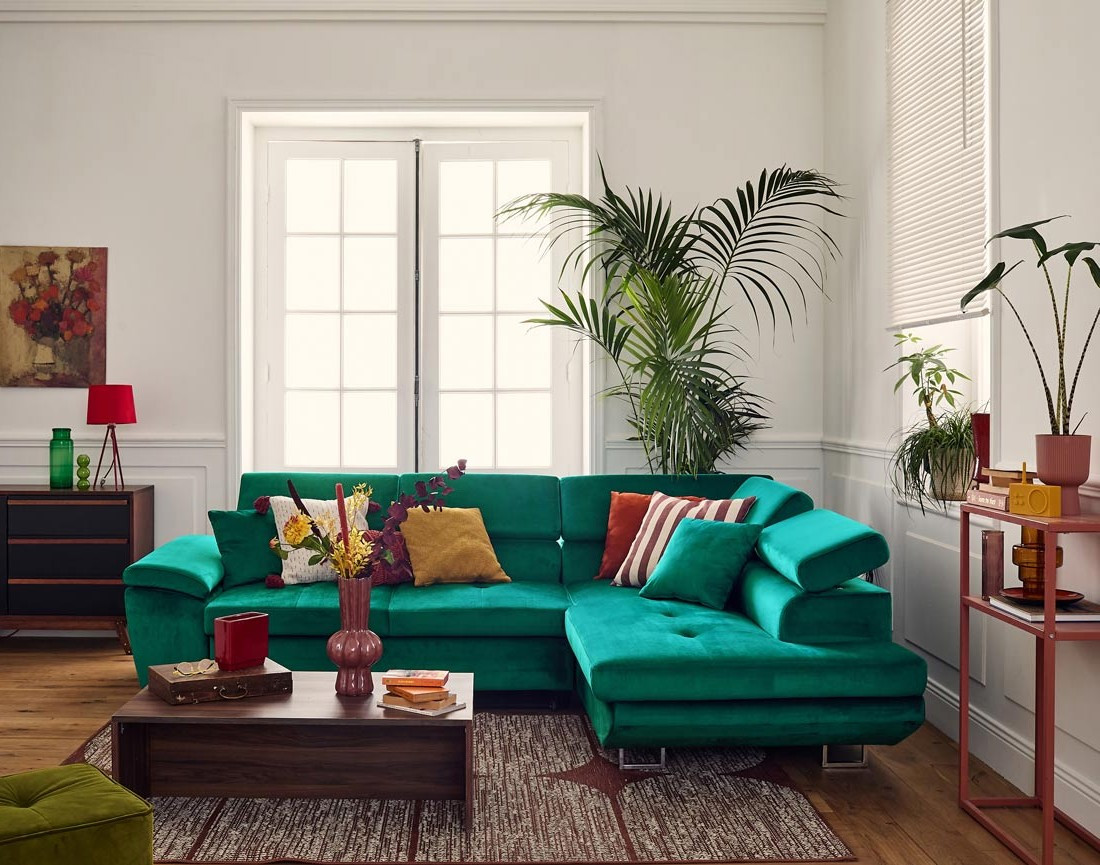 Canapé d'angle droit 5 places convertible avec coffre et têtières réglables en velours Dimas