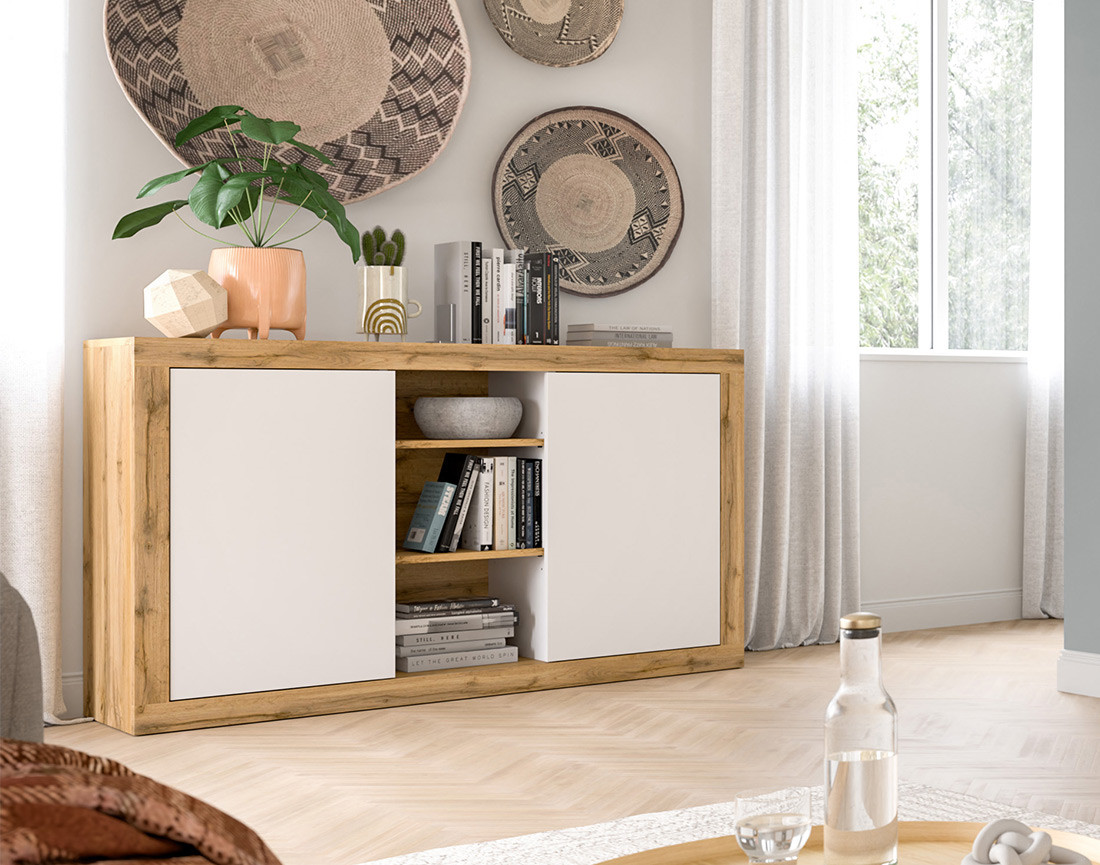 Buffet bas 2 portes et 3 niches bois et blanc 130 cm Ethan
