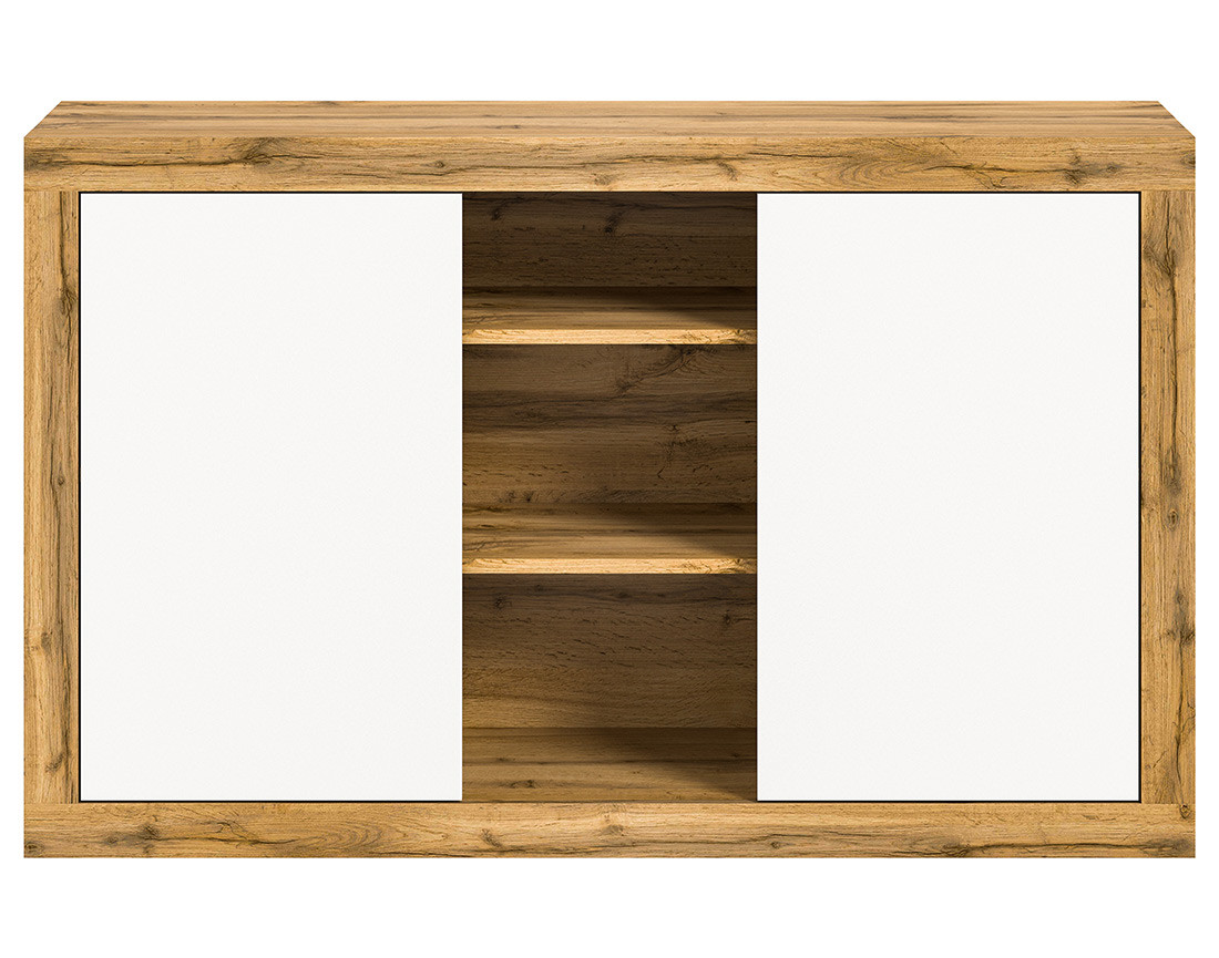 Buffet bas 2 portes et 3 niches bois et blanc 130 cm Ethan