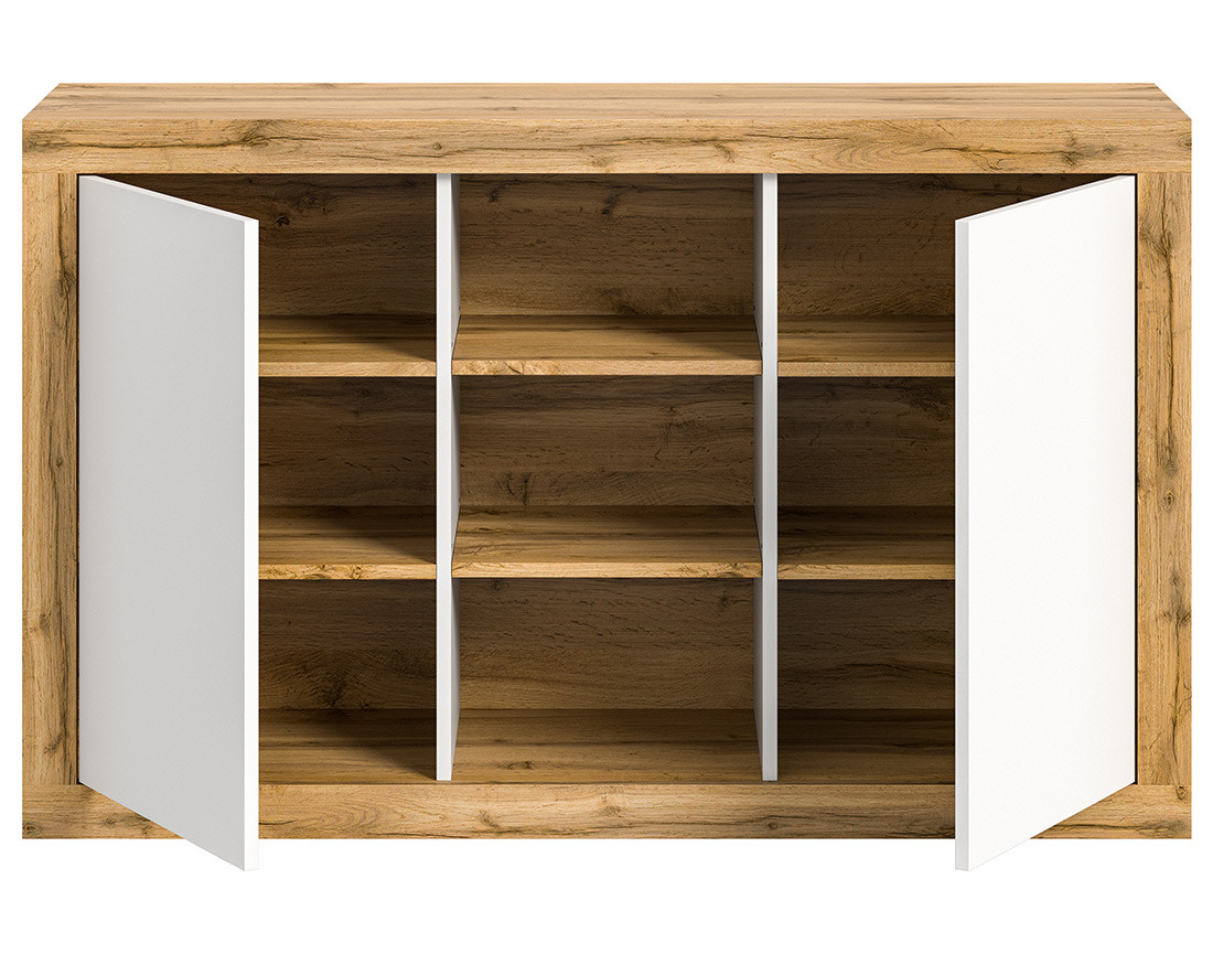 Buffet bas 2 portes et 3 niches bois et blanc 130 cm Ethan