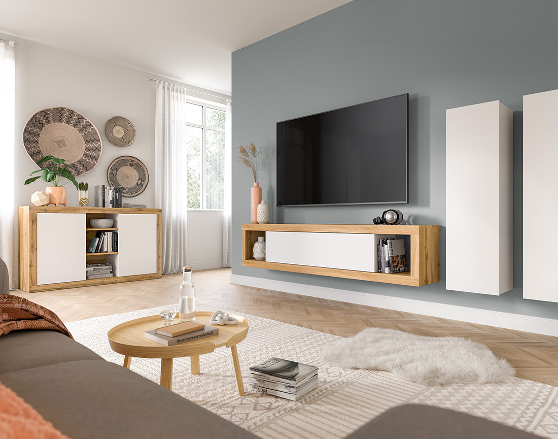 Buffet bas 2 portes et 3 niches bois et blanc 130 cm Ethan