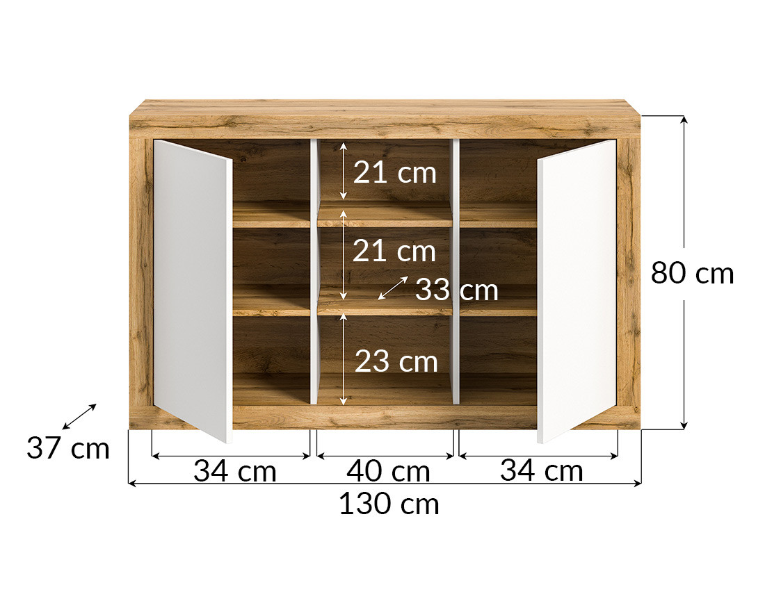 Buffet bas 2 portes et 3 niches bois et blanc 130 cm Ethan