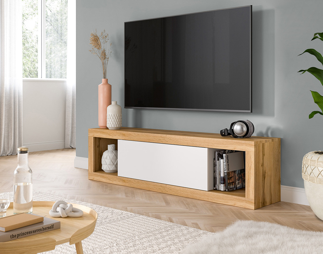 Meuble tv 1 porte bois et blanc 150 cm Ethan