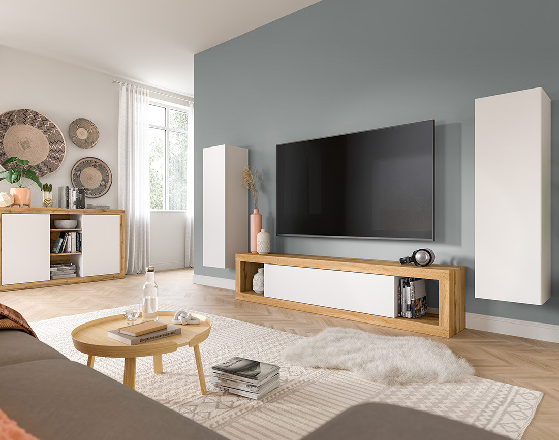 Meuble tv 1 porte bois et blanc 180 cm Ethan