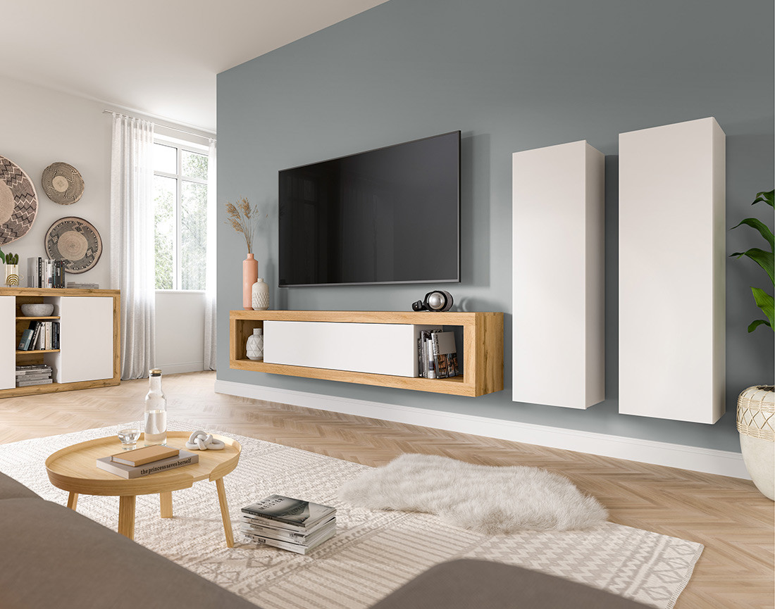 Meuble tv 180 cm +  2 armoires murales 110 cm bois et blanc Ethan