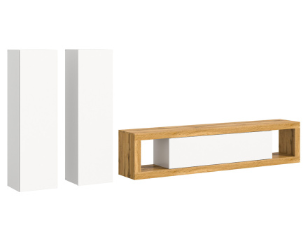 Meuble tv 180 cm +  2 armoires murales 110 cm bois et blanc Ethan