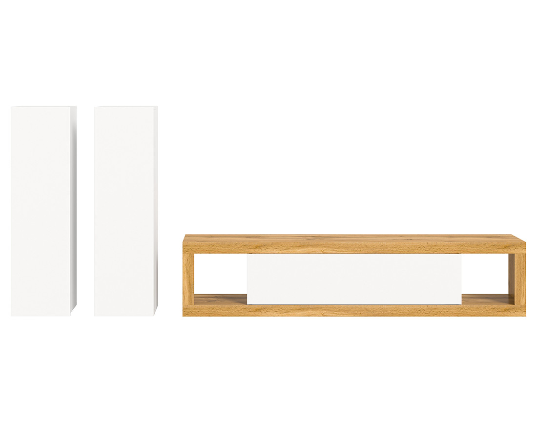 Meuble tv 180 cm +  2 armoires murales 110 cm bois et blanc Ethan