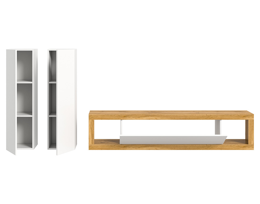 Meuble tv 180 cm +  2 armoires murales 110 cm bois et blanc Ethan
