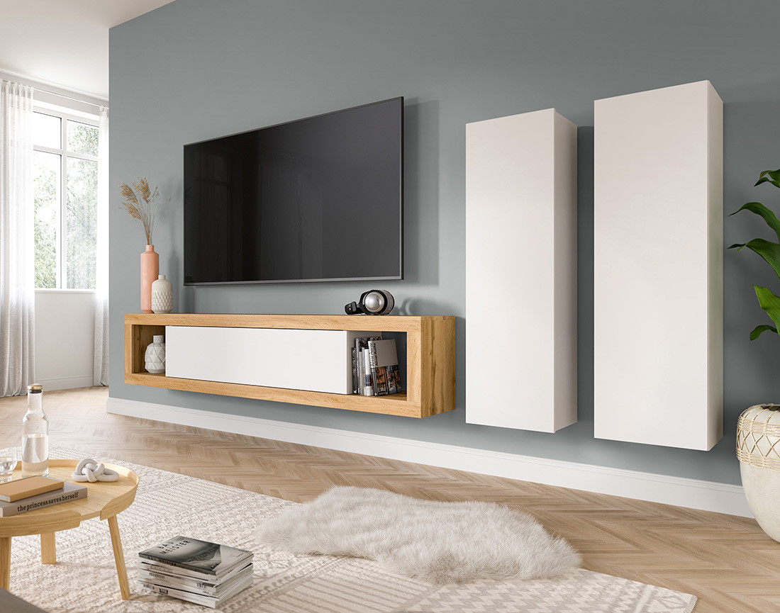 Meuble tv 180 cm +  2 armoires murales 110 cm bois et blanc Ethan