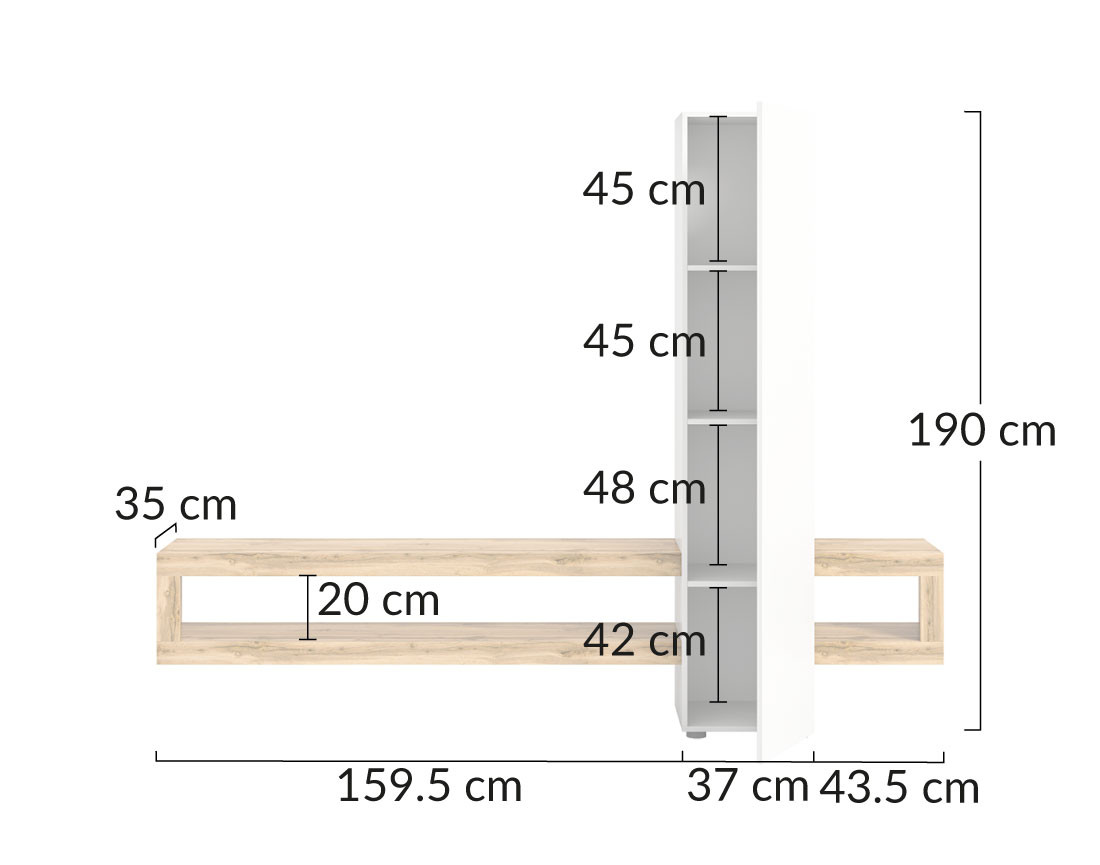 Meuble tv suspendu 1 porte et 3 étagères bois et blanc 240 cm Ned
