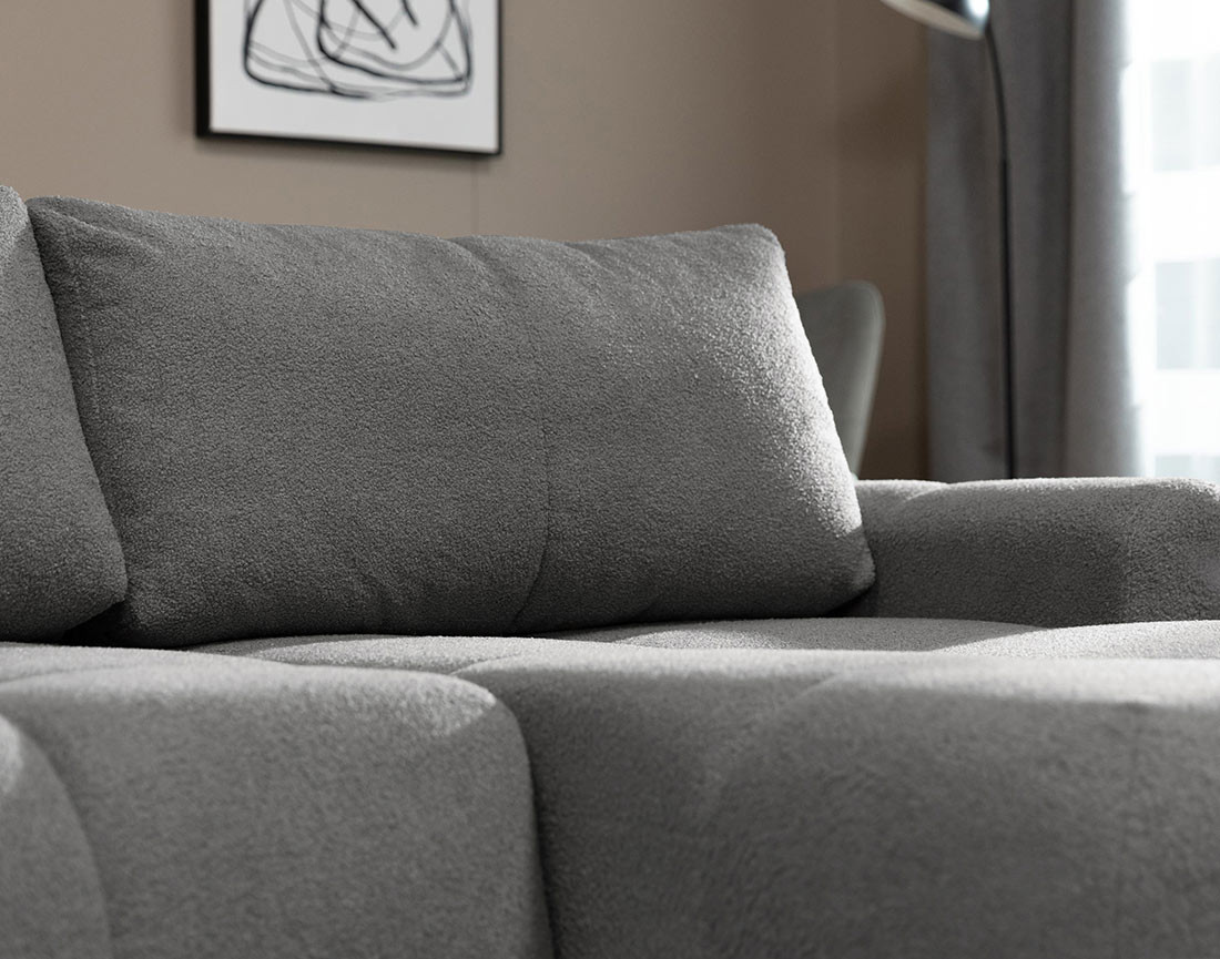 Canapé d'angle droit 4 places convertible avec coffre en tissu bouclette Yulin