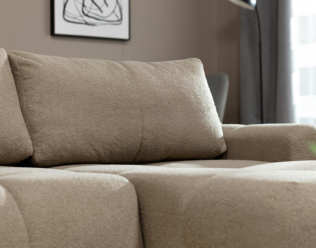 Canapé d'angle droit 4 places convertible avec coffre en tissu bouclette Yulin