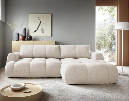 Canapé d'angle droit 4 places convertible avec coffre en tissu bouclette Yulin