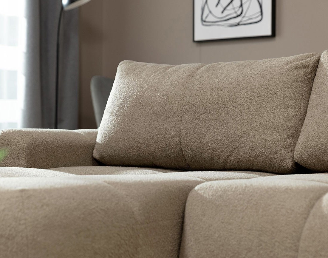 Canapé d'angle gauche 4 places convertible avec coffre en tissu bouclette Yulin