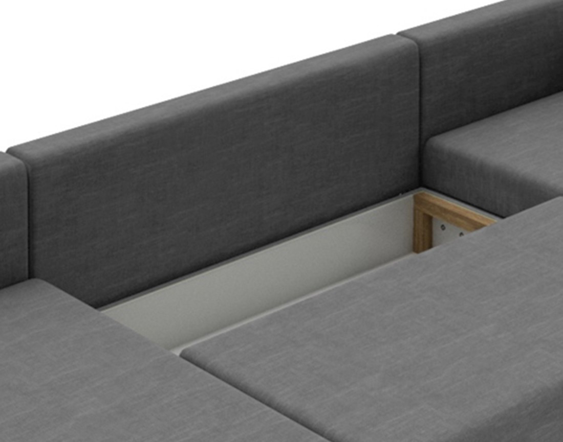 Canapé panoramique d'angle réversible 7 places convertible avec coffre en tissu Leslie