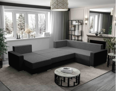 Canapé panoramique d'angle réversible 7 places convertible avec coffre en tissu Leslie