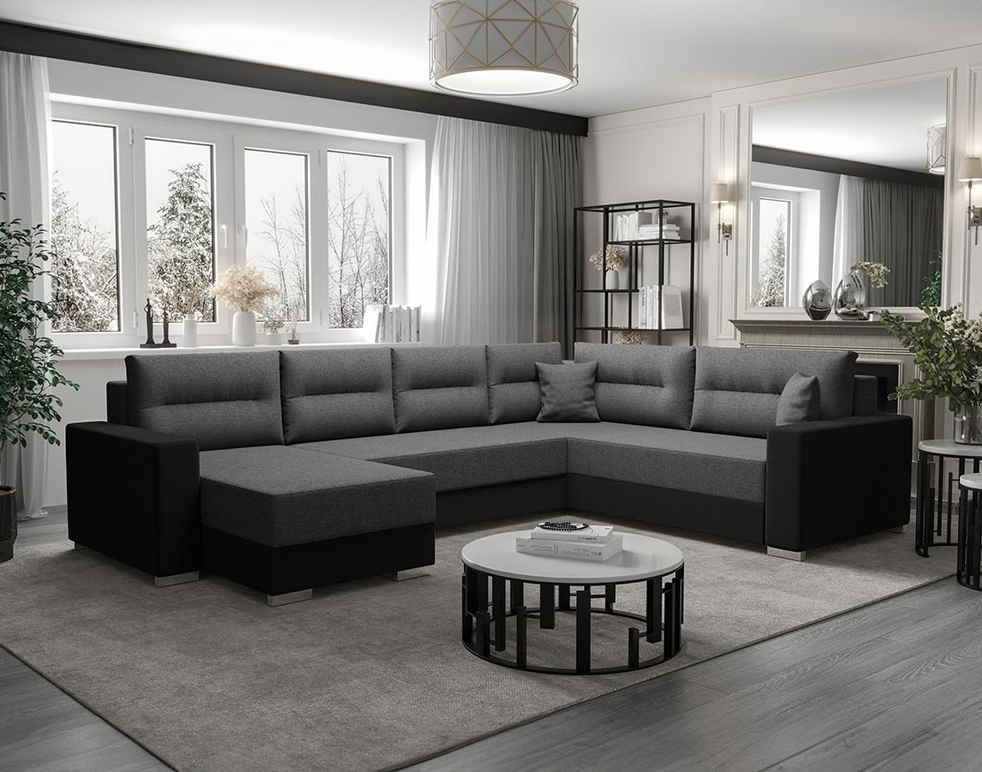 Canapé panoramique d'angle réversible 7 places convertible avec coffre en tissu Leslie