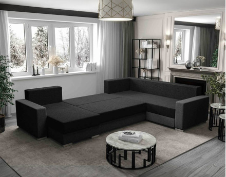 Canapé panoramique d'angle réversible 7 places convertible avec coffre en tissu Leslie