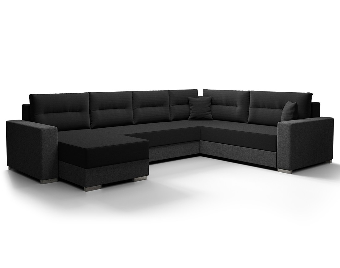 Canapé panoramique d'angle réversible 7 places convertible avec coffre en tissu Leslie