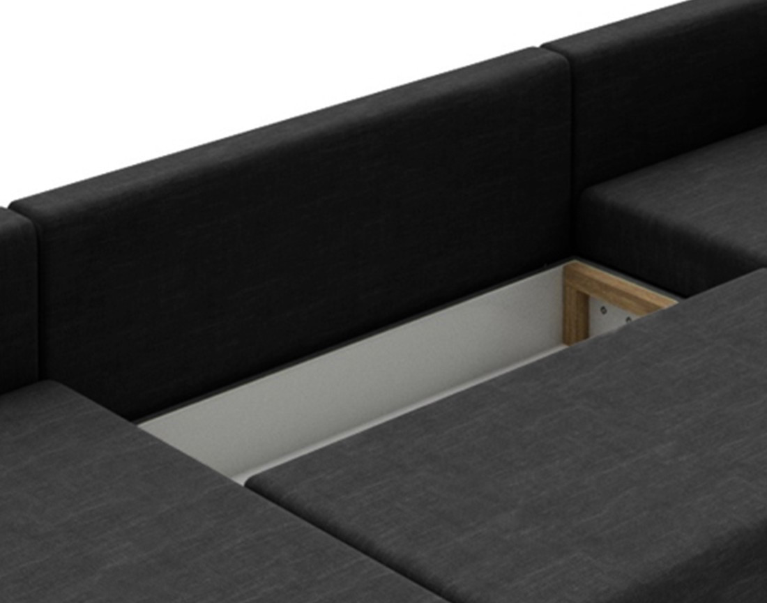 Canapé panoramique d'angle réversible 7 places convertible avec coffre en tissu Leslie