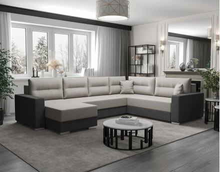 Canapé panoramique d'angle réversible 7 places convertible avec coffre en tissu Leslie