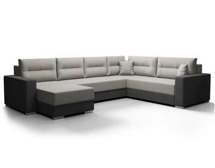 Canapé panoramique d'angle réversible 7 places convertible avec coffre en tissu Leslie