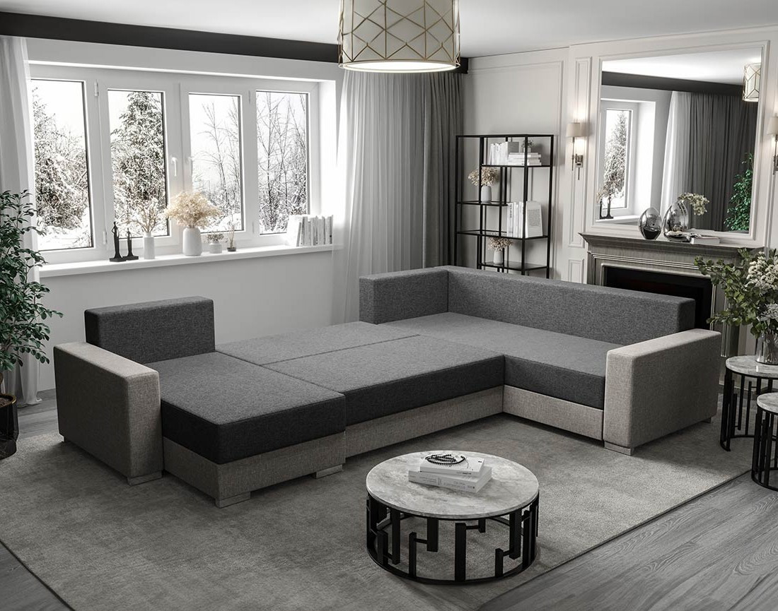 Canapé panoramique d'angle réversible 7 places convertible avec coffre en tissu Leslie