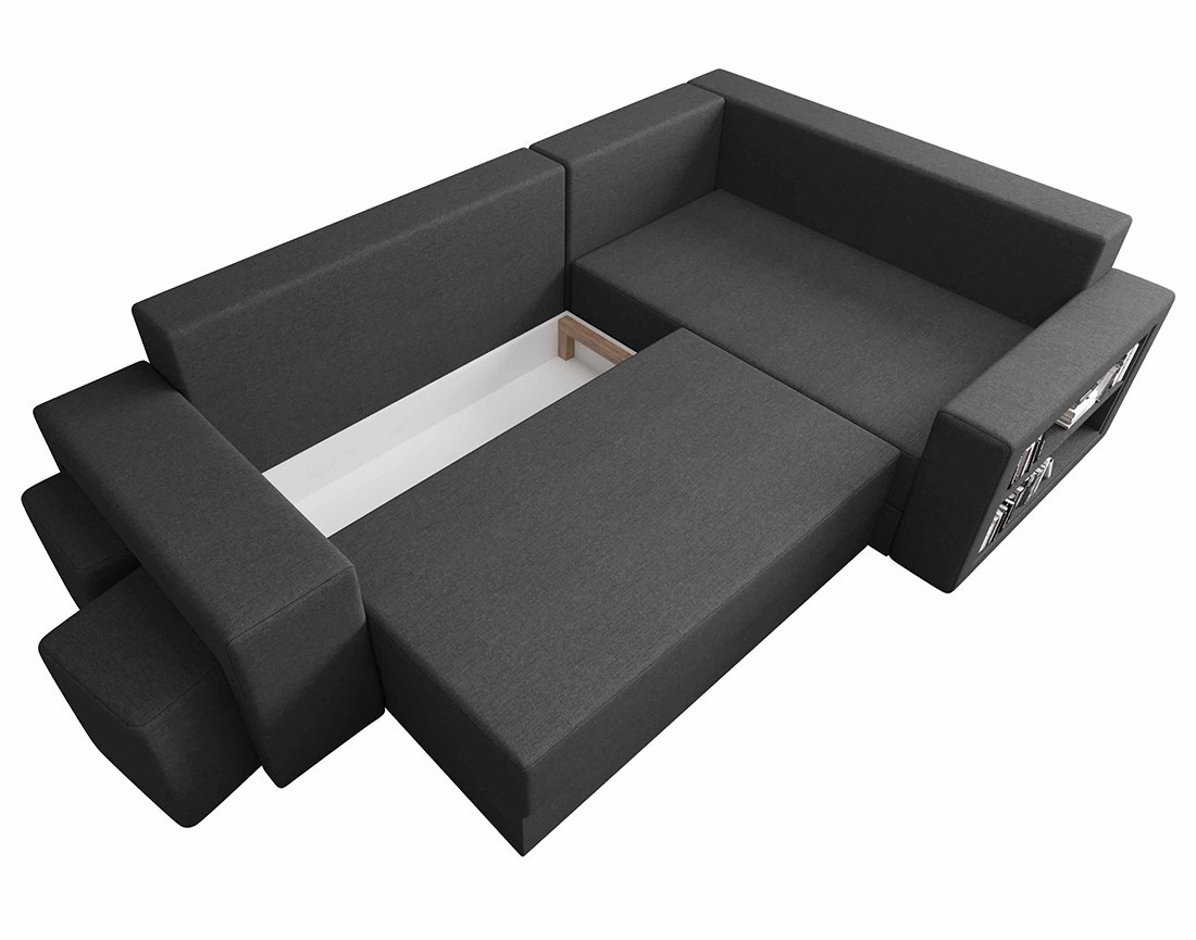 Canapé d'angle droit 4 places convertible avec coffre, étagère et poufs en tissu Libbie