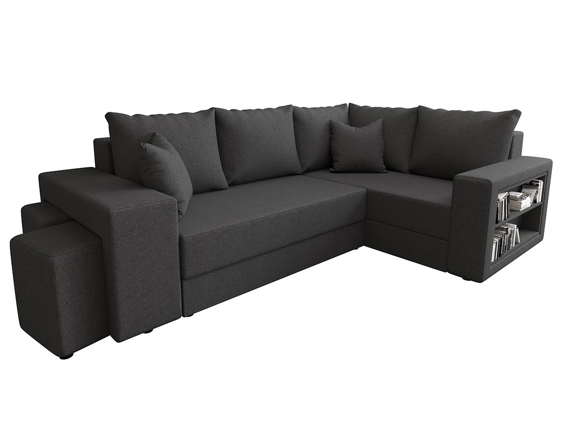Canapé d'angle droit 4 places convertible avec coffre, étagère et poufs en tissu Libbie
